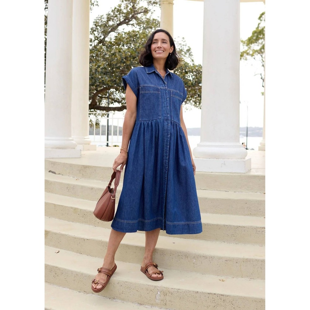 Maye Harper Denim Midi Dress Blue Button Front Cotton Size L
